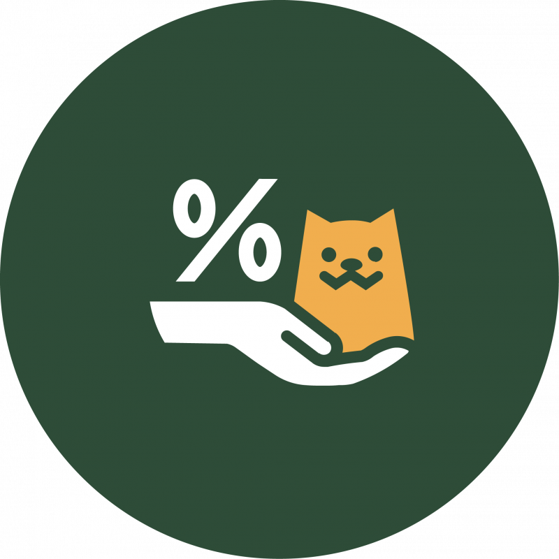 Green symbol with percentage symbol and a hand holding a cat